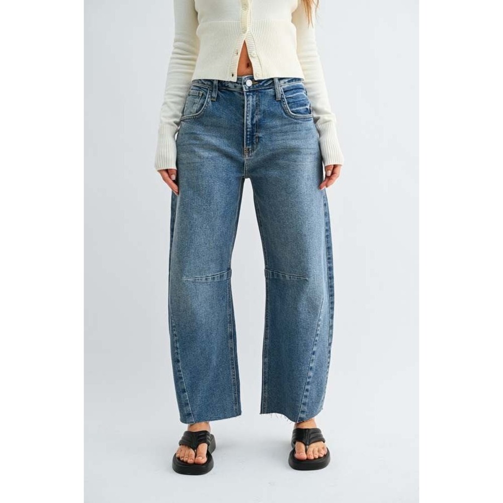 Just Black Denim Seamed Barrel Jean Blue Medium Wash High Rise Raw Hem 26